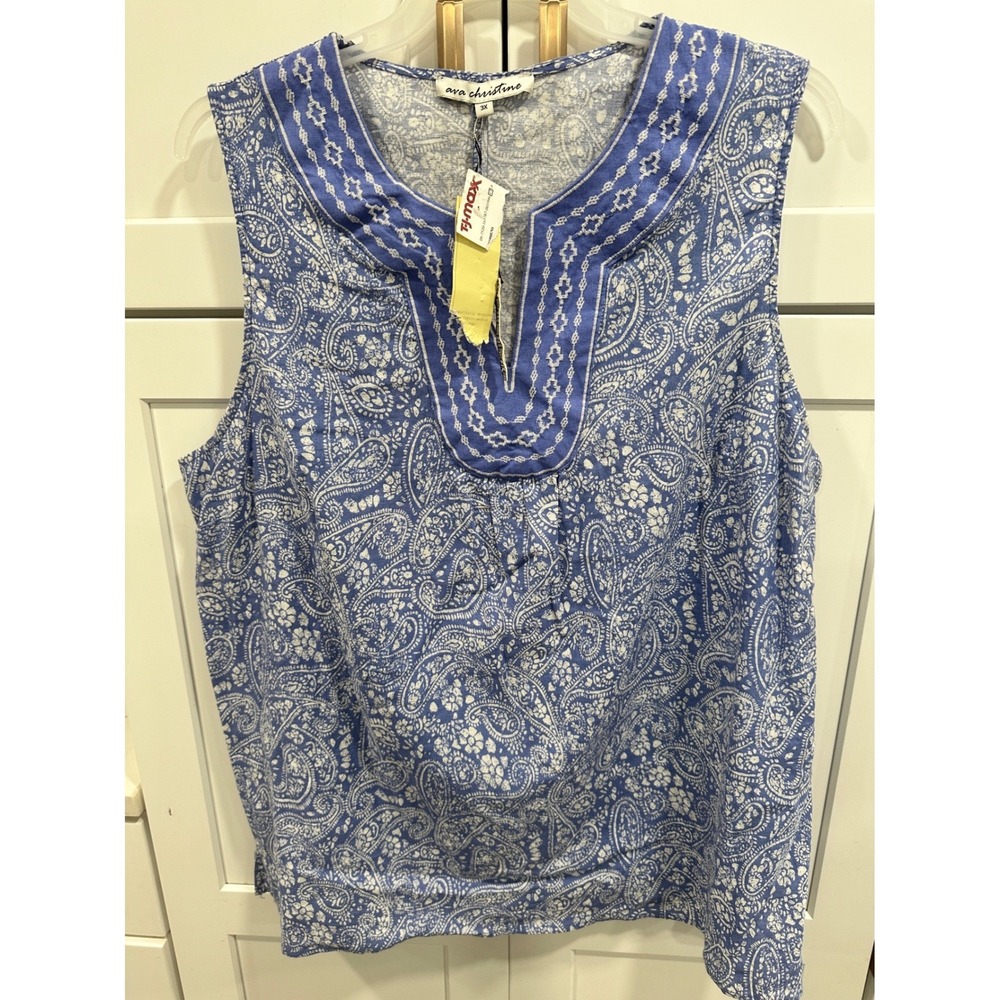 Ava Christine Blue White Paisley Sleeveless V Neck Top Plus Size 3X Linen